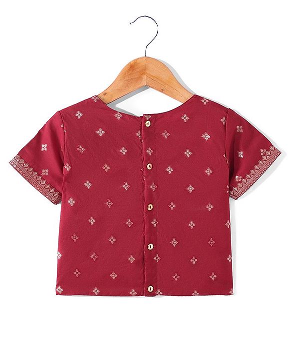 Pine Kids Woven Half Sleeves Zari Embroidered Choli Lehenga & Dupatta Set With Tassel Detailing - Dark Red