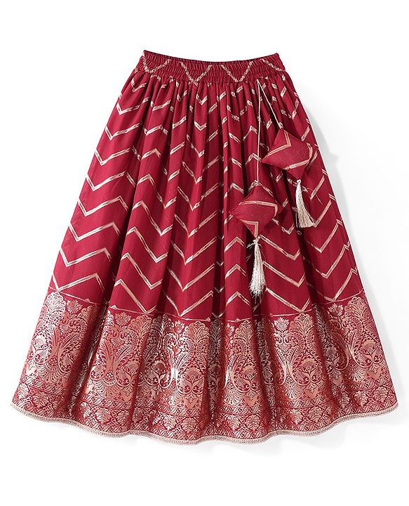 Pine Kids Woven Half Sleeves Zari Embroidered Choli Lehenga & Dupatta Set With Tassel Detailing - Dark Red