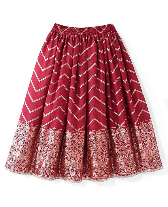 Pine Kids Woven Half Sleeves Zari Embroidered Choli Lehenga & Dupatta Set With Tassel Detailing - Dark Red