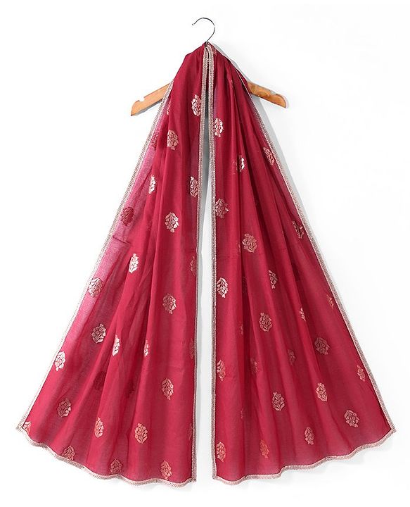 Pine Kids Woven Half Sleeves Zari Embroidered Choli Lehenga & Dupatta Set With Tassel Detailing - Dark Red