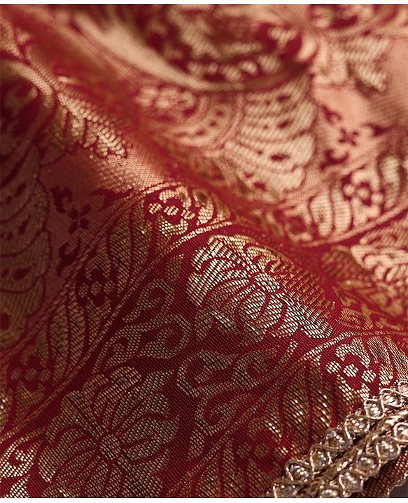 Pine Kids Woven Half Sleeves Zari Embroidered Choli Lehenga & Dupatta Set With Tassel Detailing - Dark Red