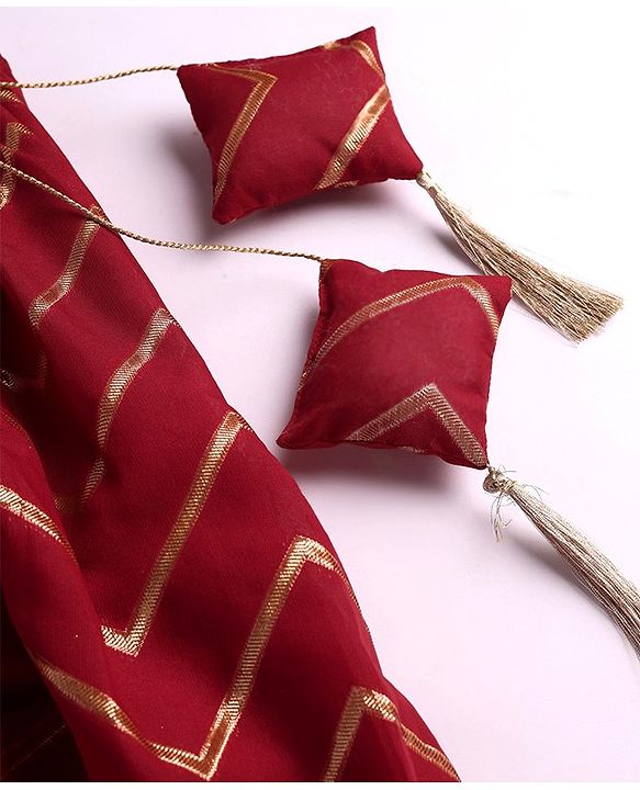 Pine Kids Woven Half Sleeves Zari Embroidered Choli Lehenga & Dupatta Set With Tassel Detailing - Dark Red
