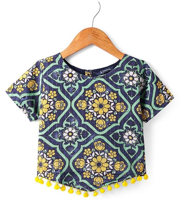 Pine Kids Woven Half Sleeves Floral Foil Printed Choli Lehenga Set with Dupatta & Lace Detailing - Navy Blue