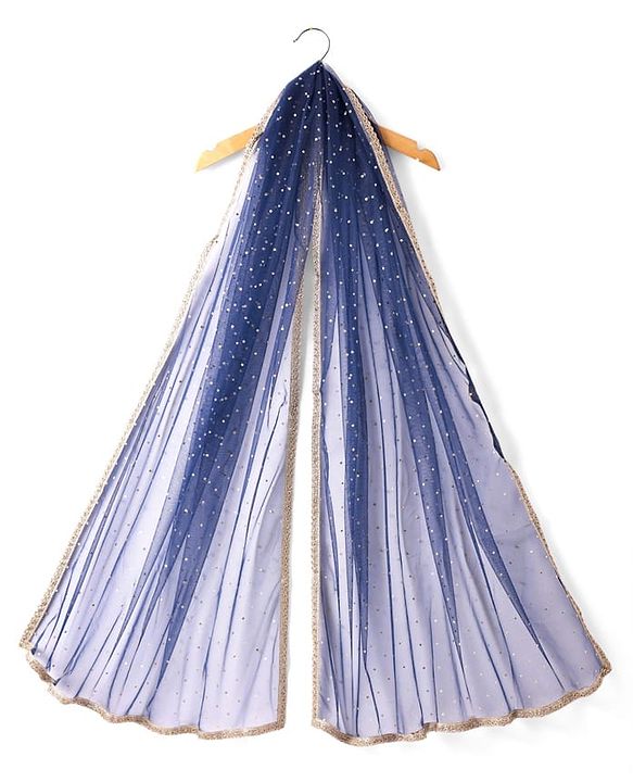 Pine Kids Woven Half Sleeves Floral Foil Printed Choli Lehenga Set with Dupatta & Lace Detailing - Navy Blue