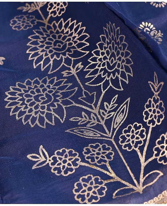 Pine Kids Woven Half Sleeves Floral Foil Printed Choli Lehenga Set with Dupatta & Lace Detailing - Navy Blue