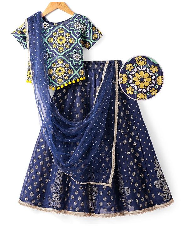 Pine Kids Woven Half Sleeves Floral Foil Printed Choli Lehenga Set with Dupatta & Lace Detailing - Navy Blue