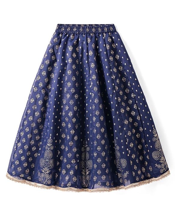 Pine Kids Woven Half Sleeves Floral Foil Printed Choli Lehenga Set with Dupatta & Lace Detailing - Navy Blue