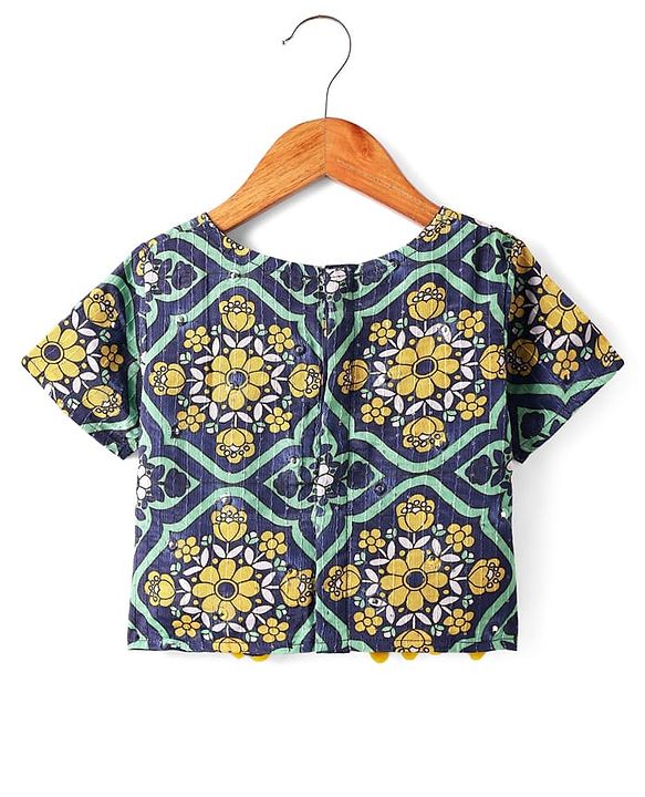 Pine Kids Woven Half Sleeves Floral Foil Printed Choli Lehenga Set with Dupatta & Lace Detailing - Navy Blue