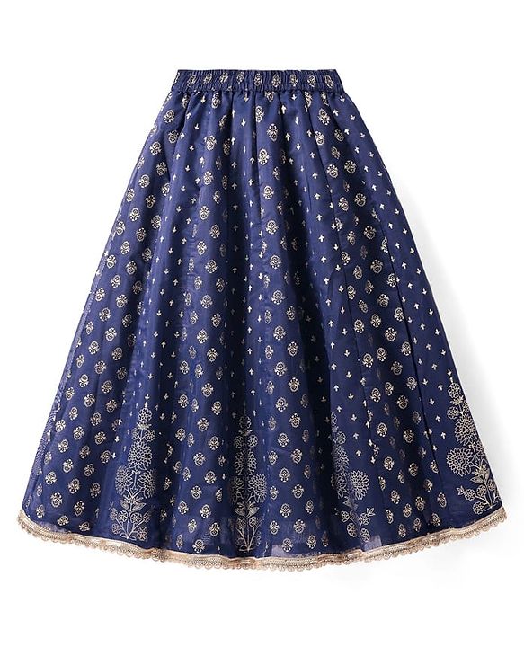 Pine Kids Woven Half Sleeves Floral Foil Printed Choli Lehenga Set with Dupatta & Lace Detailing - Navy Blue