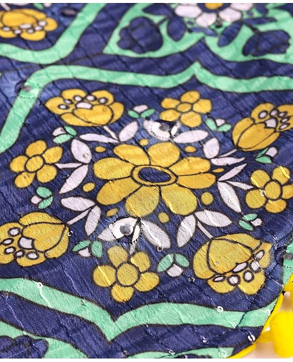 Pine Kids Woven Half Sleeves Floral Foil Printed Choli Lehenga Set with Dupatta & Lace Detailing - Navy Blue