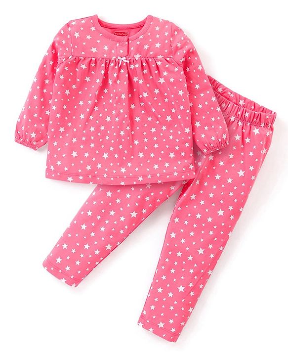 Babyhug Cotton Knit Full Sleeves Star Printed Night Suit - Dark Pink