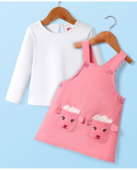 Babyhug 100% Cotton Woven Full Sleeves Antibacterial T-Shirt with Frock & Sheep Applique - White & Pink