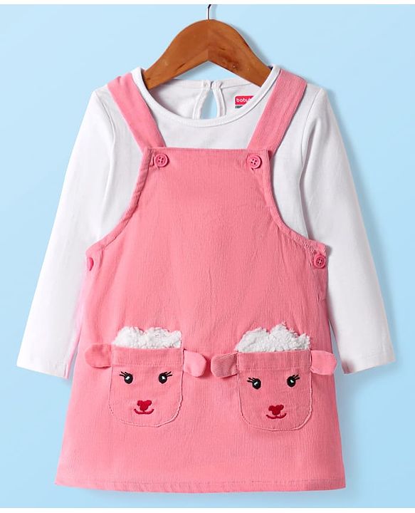 Babyhug 100% Cotton Woven Full Sleeves Antibacterial T-Shirt with Frock & Sheep Applique - White & Pink