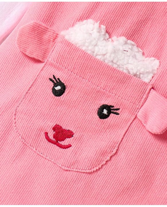 Babyhug 100% Cotton Woven Full Sleeves Antibacterial T-Shirt with Frock & Sheep Applique - White & Pink