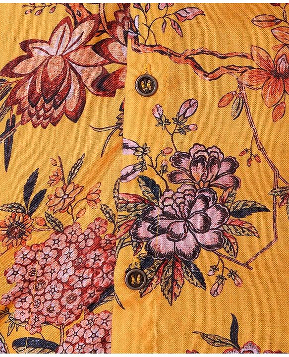 Pine Kids Full Sleeves Floral Printed Kurta & Pajama Set - Mustard Yellow