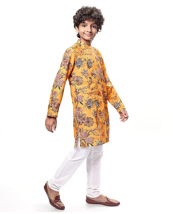 Pine Kids Full Sleeves Floral Printed Kurta & Pajama Set - Mustard Yellow