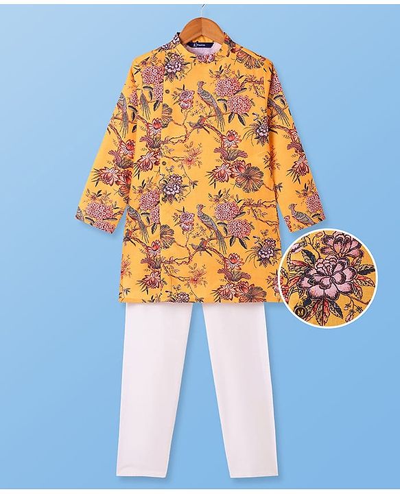 Pine Kids Full Sleeves Floral Printed Kurta & Pajama Set - Mustard Yellow