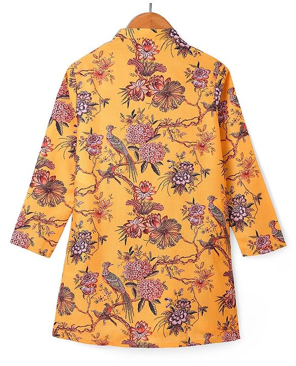 Pine Kids Full Sleeves Floral Printed Kurta & Pajama Set - Mustard Yellow