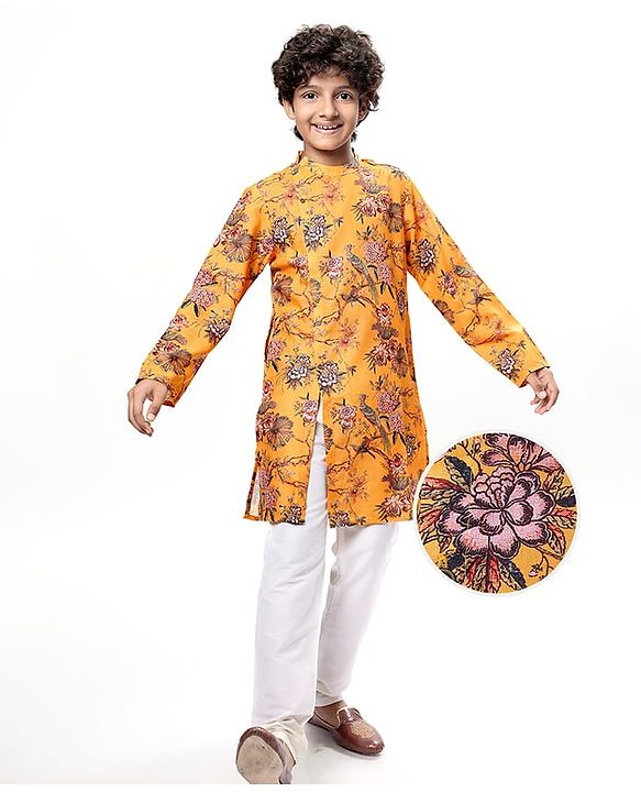 Pine Kids Full Sleeves Floral Printed Kurta & Pajama Set - Mustard Yellow