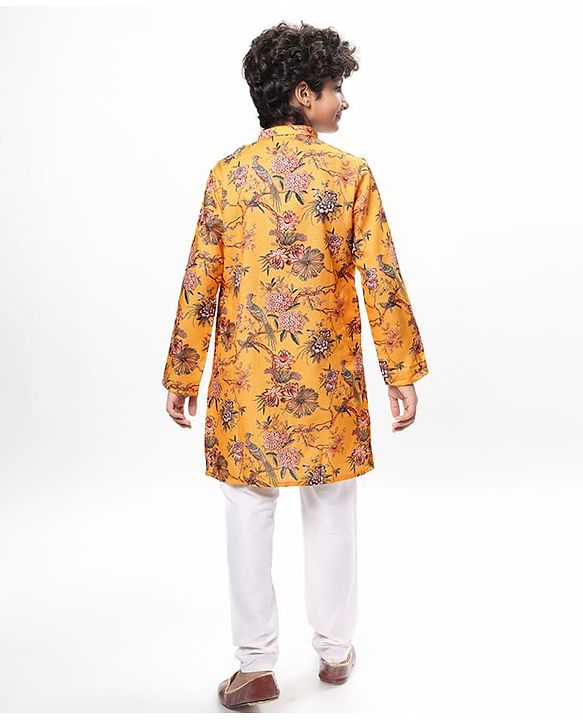 Pine Kids Full Sleeves Floral Printed Kurta & Pajama Set - Mustard Yellow