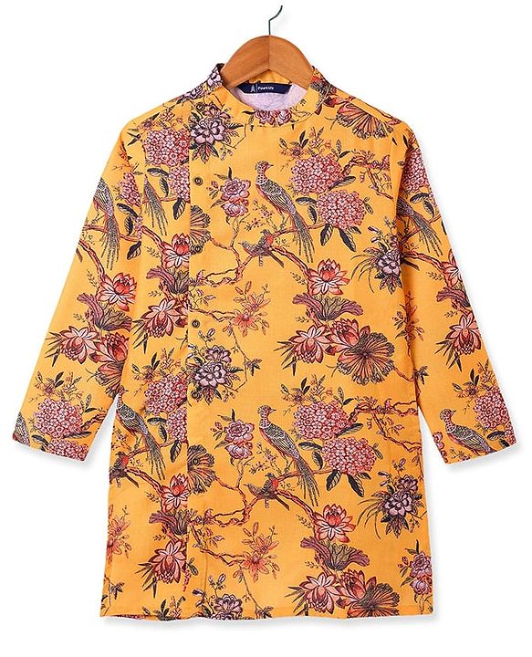 Pine Kids Full Sleeves Floral Printed Kurta & Pajama Set - Mustard Yellow
