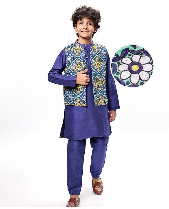 Pine Kids Woven Full Sleeves Solid Colour Kurta Pyjama Set with Floral Printed Nehru Jacket - Violet