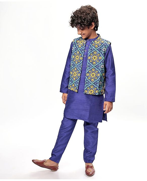 Pine Kids Woven Full Sleeves Solid Colour Kurta Pyjama Set with Floral Printed Nehru Jacket - Violet
