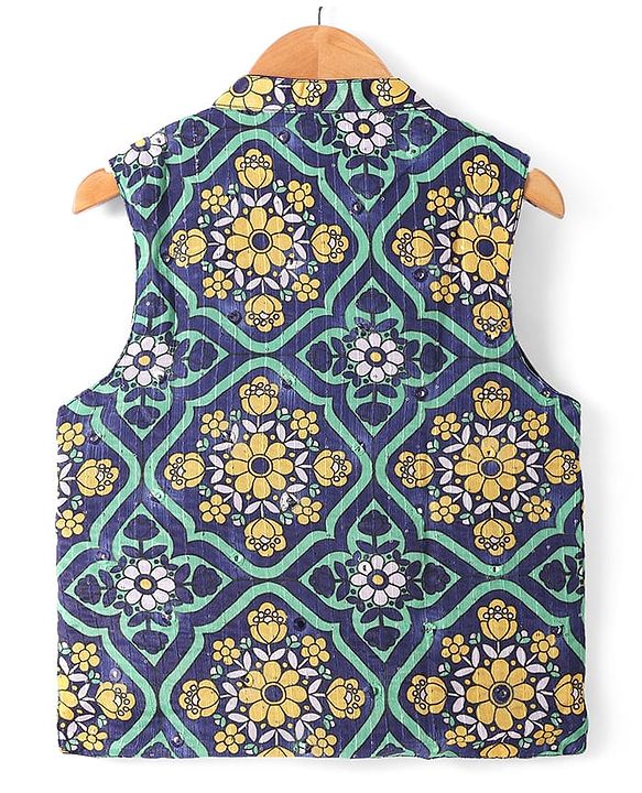 Pine Kids Woven Full Sleeves Solid Colour Kurta Pyjama Set with Floral Printed Nehru Jacket - Violet