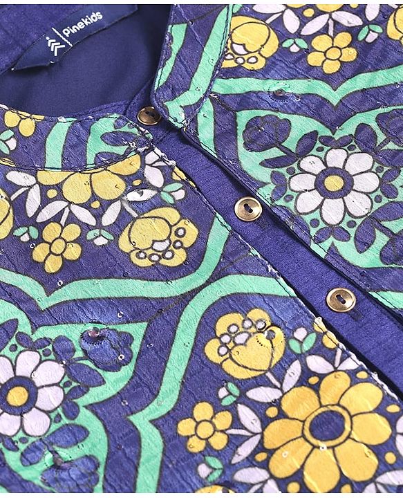 Pine Kids Woven Full Sleeves Solid Colour Kurta Pyjama Set with Floral Printed Nehru Jacket - Violet