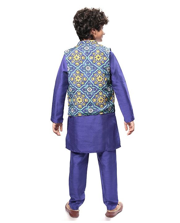 Pine Kids Woven Full Sleeves Solid Colour Kurta Pyjama Set with Floral Printed Nehru Jacket - Violet