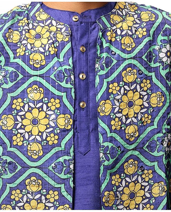 Pine Kids Woven Full Sleeves Solid Colour Kurta Pyjama Set with Floral Printed Nehru Jacket - Violet