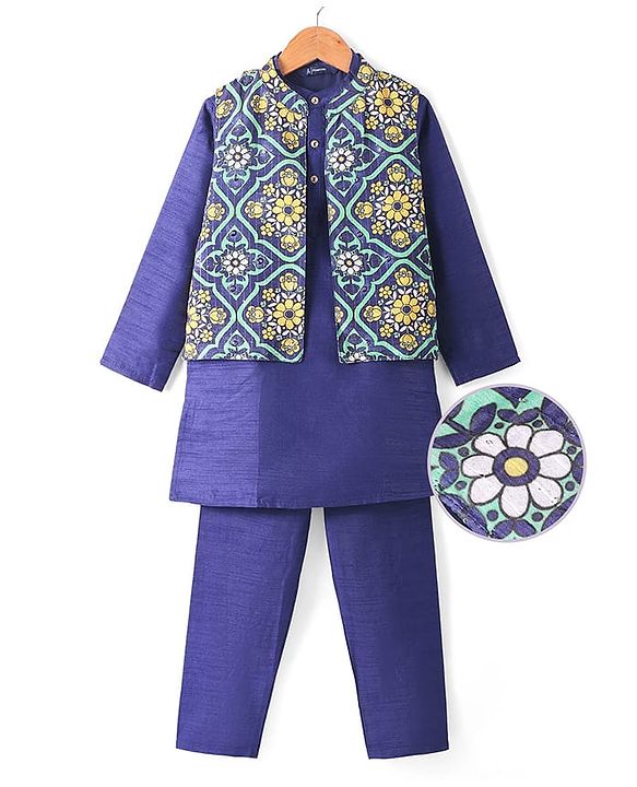Pine Kids Woven Full Sleeves Solid Colour Kurta Pyjama Set with Floral Printed Nehru Jacket - Violet
