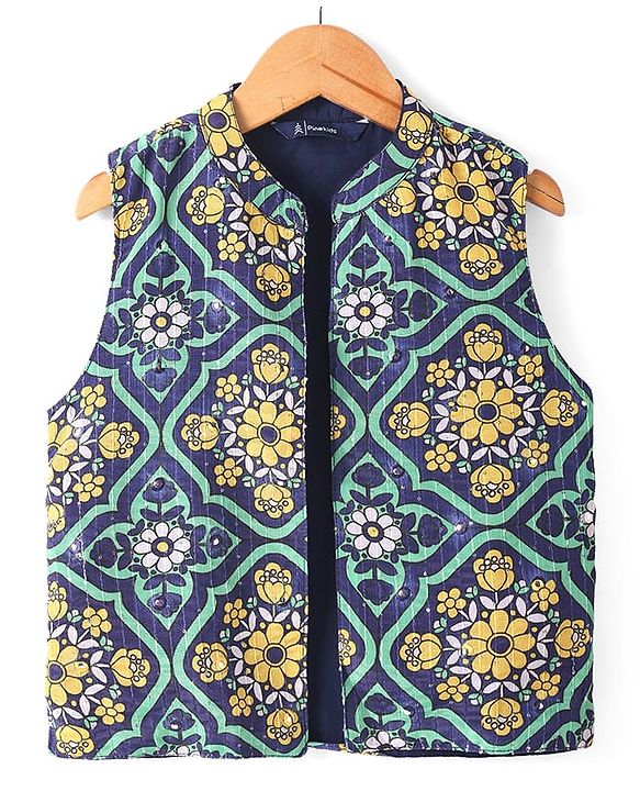 Pine Kids Woven Full Sleeves Solid Colour Kurta Pyjama Set with Floral Printed Nehru Jacket - Violet