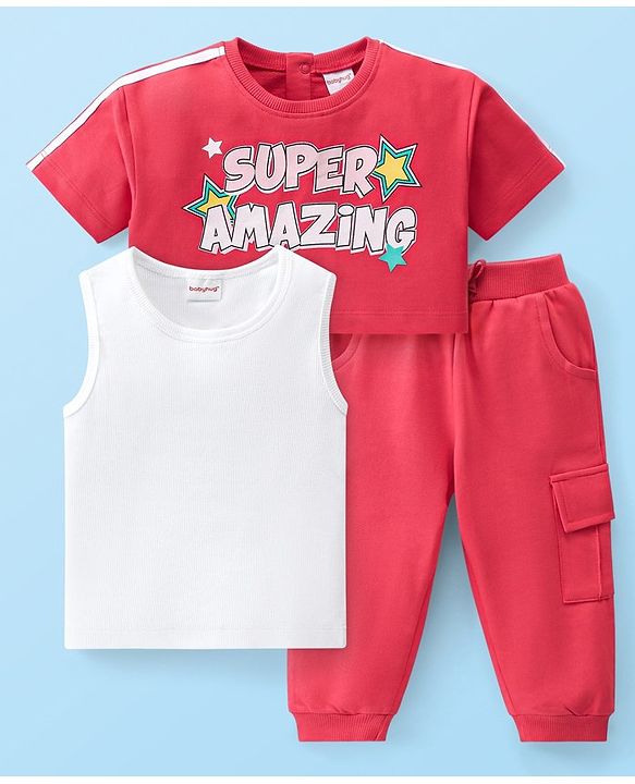 Babyhug Cotton Knit Half Sleeves Text Printed Crop Top With Inner Tee & Lounge Pants - Red