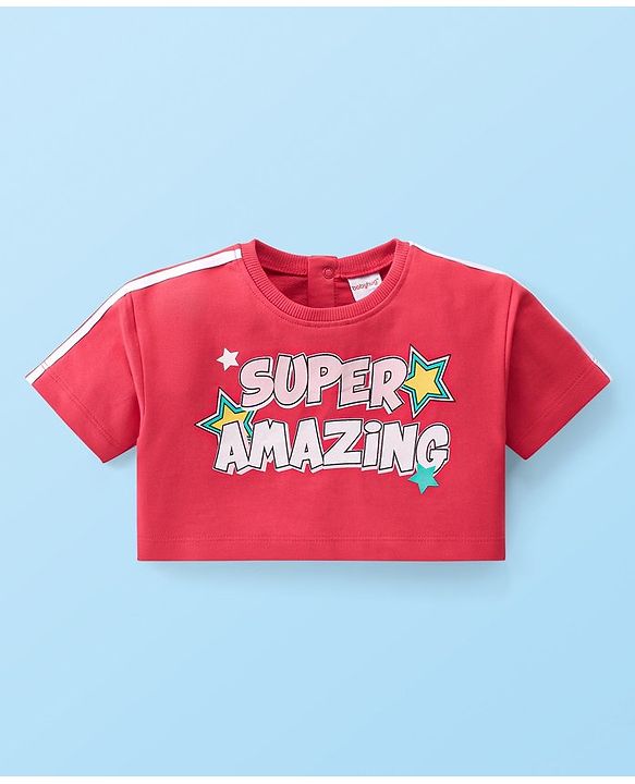 Babyhug Cotton Knit Half Sleeves Text Printed Crop Top With Inner Tee & Lounge Pants - Red