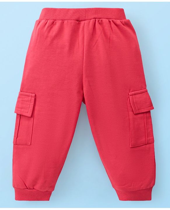 Babyhug Cotton Knit Half Sleeves Text Printed Crop Top With Inner Tee & Lounge Pants - Red