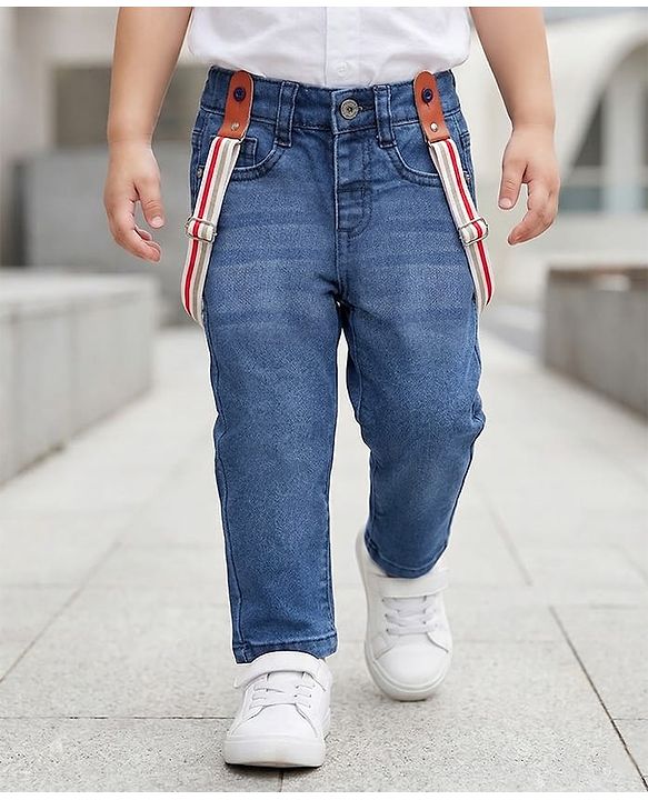 Babyhug Denim Full Length Washed Jeans With Stretch And Suspender - Blue