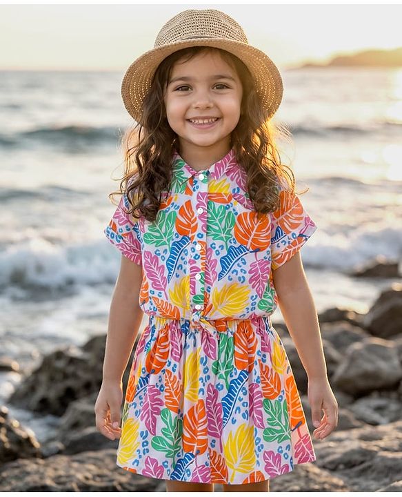 Babyhug Rayon Woven Half Sleeves Mandarin Collared Top & Skirt with Floral Print - White Pink & Yellow