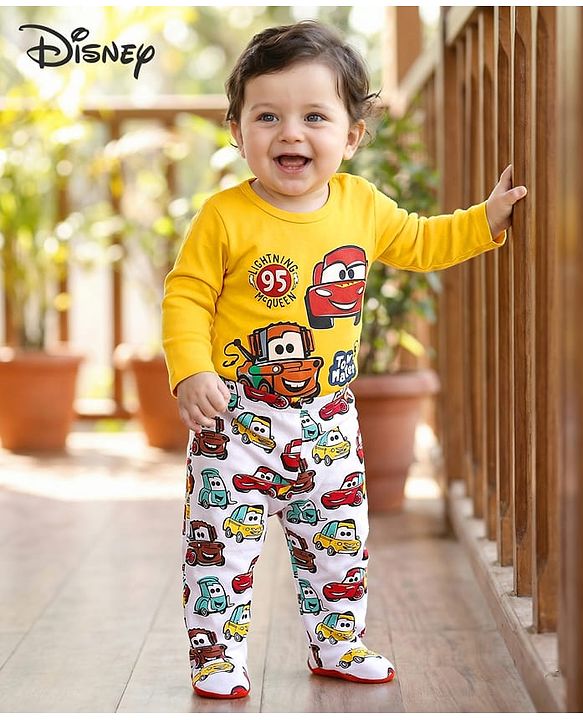 Babyhug Disney Interlock Knit Full Sleeves Onesie with Bootie Leggings Car Graphics - Yellow & White