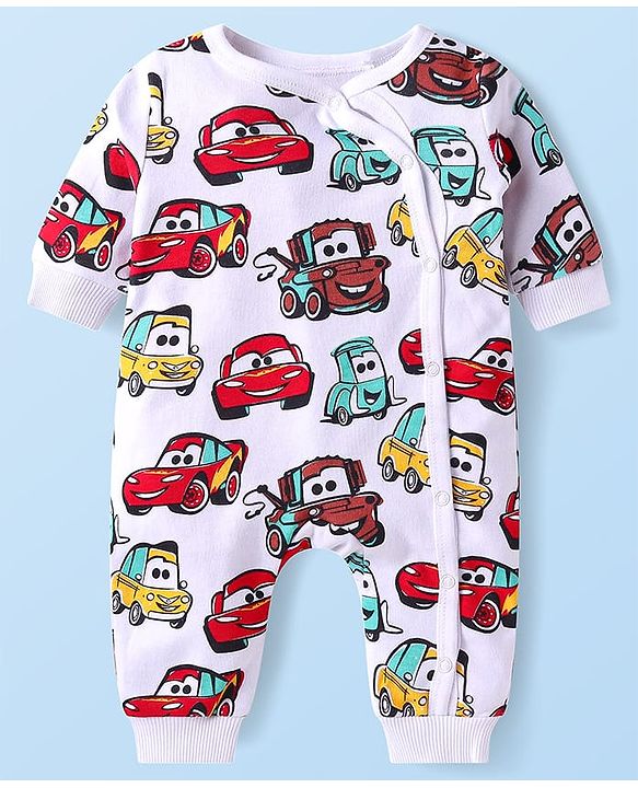 Babyhug Disney Interlock Knit Full Sleeves Front Open Rompers with Cars Graphics Pack of 2 - White & Yellow