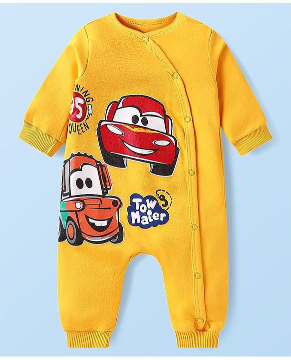 Babyhug Disney Interlock Knit Full Sleeves Front Open Rompers with Cars Graphics Pack of 2 - White & Yellow