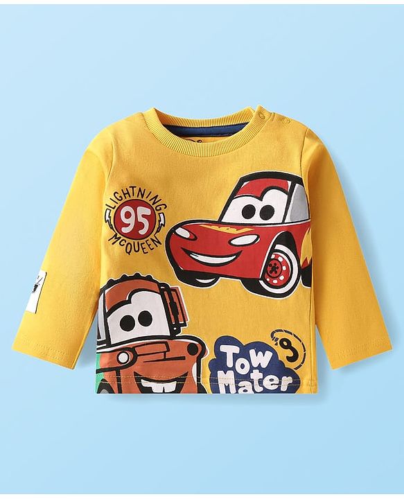 Babyhug Disney Single Jersey Knit Full Sleeves Cars Printed T-Shirts & Joggers Set - Yellow White & Blue