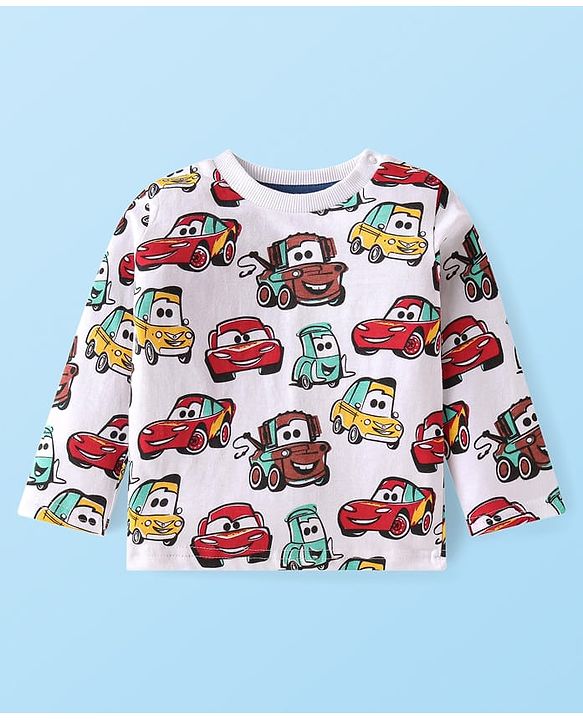 Babyhug Disney Single Jersey Knit Full Sleeves Cars Printed T-Shirts & Joggers Set - Yellow White & Blue