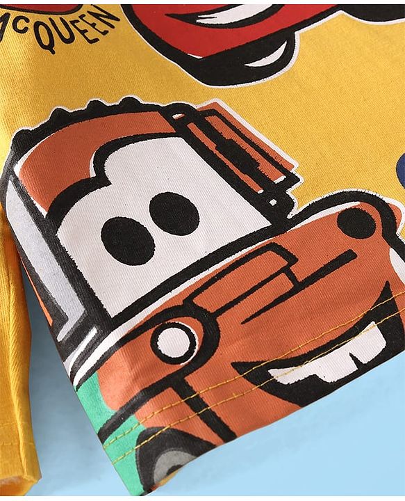 Babyhug Disney Single Jersey Knit Full Sleeves Cars Printed T-Shirts & Joggers Set - Yellow White & Blue