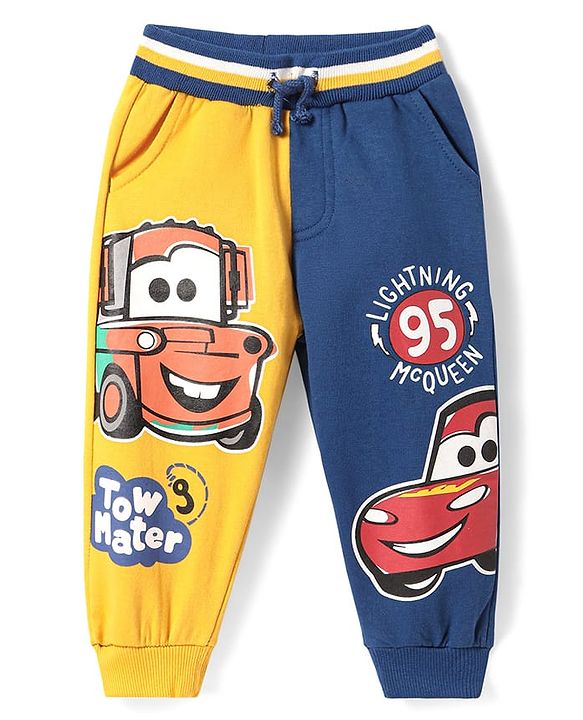 Babyhug Disney Terry Knit Full Length Cut & Sew Track Pant with Cars Graphics - Navy Blue & Yellow