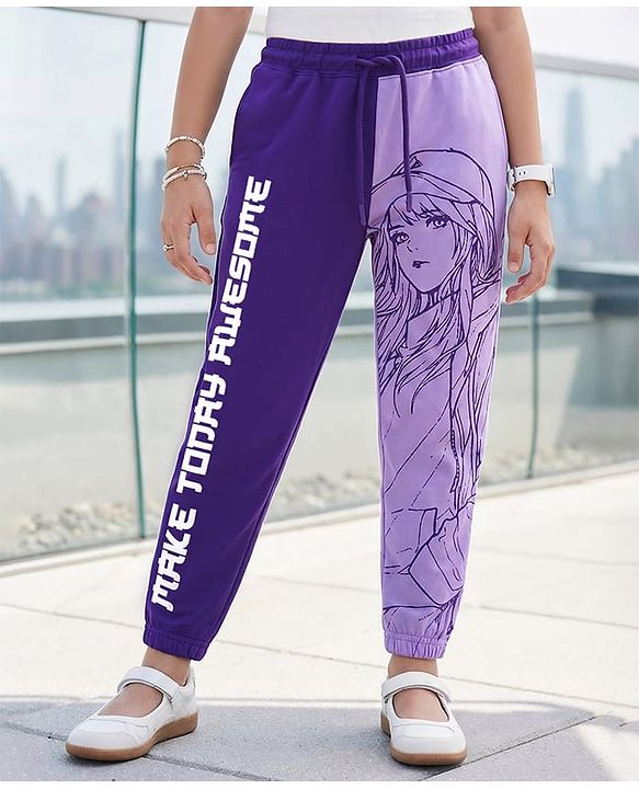 Pine Kids Cotton Blend Knit Full Length Lounge Pants with Text Print - Violet & Lavender