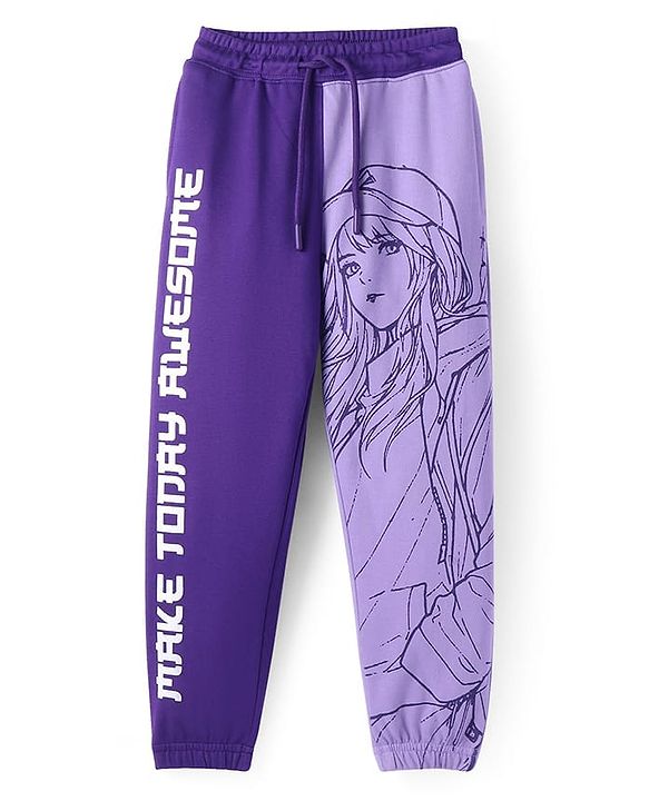 Pine Kids Cotton Blend Knit Full Length Lounge Pants with Text Print - Violet & Lavender