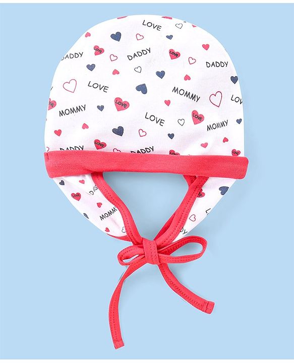 Babyhug 100% Cotton Knit Cap With Hearts Print - White