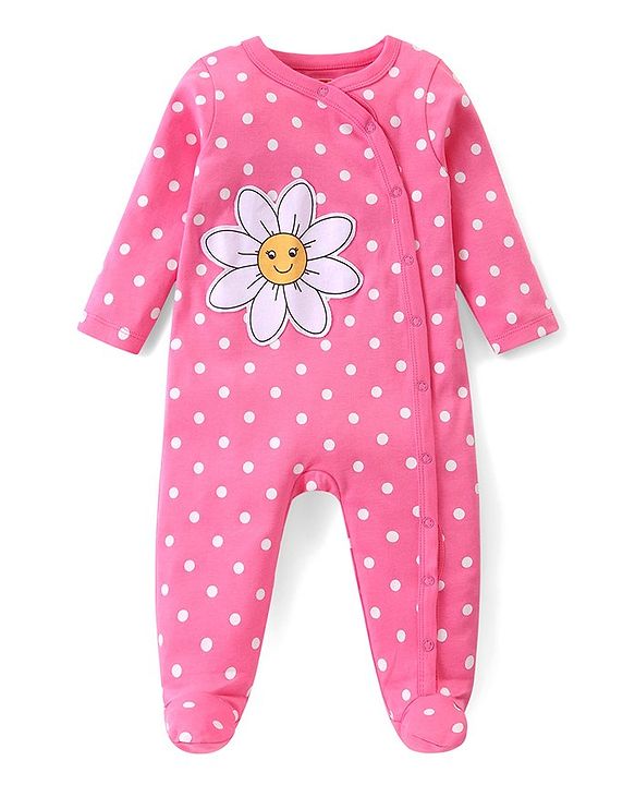 Babyhug Cotton Knit Full Sleeves Front Open Footed Sleepsuit with Polka Dots Print - Dark Pink