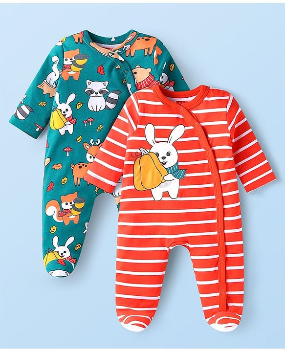 Babyhug Cotton Knit Full Sleeves Stripe & Animal Printed Footed Sleep Suits Pack of 2- Green & Red